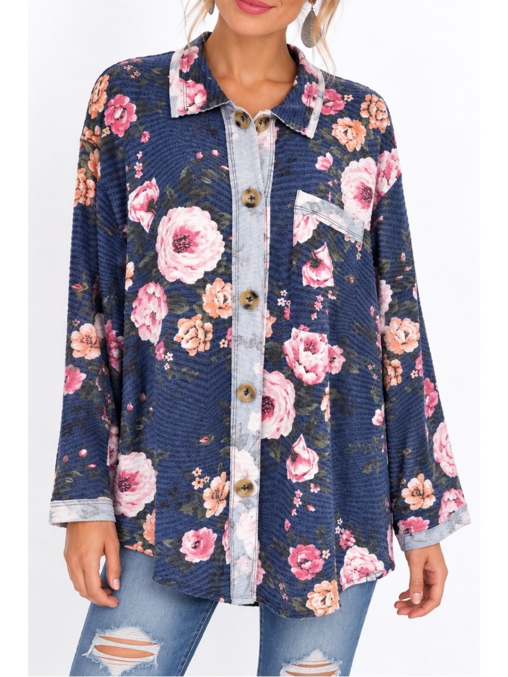 Lovely J blue floral print collared long sleeve button down shirt